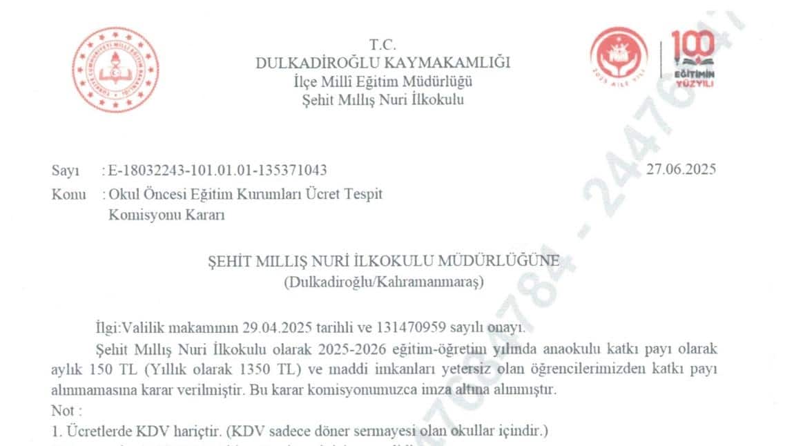 2025/2026 OKULUMUZ ANASINIFI ÜCRET TESPİT KARARI